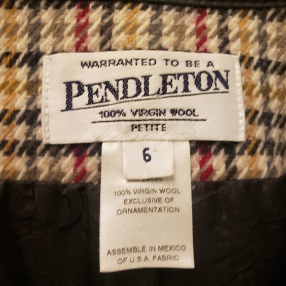 Pendleton Size 6 Petite Virgin Wool Lined‎ Jacket Houndstooth Faux Leather Trim - Picture 10 of 10